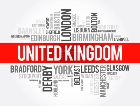 Téléchargez les illustrations : Liste des villes et villages du Royaume-Uni, word cloud collage, travel concept background - en licence libre de droit