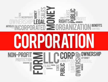 Illustration for Corporation is an organization authorized by the state to act as a single entity and recognized as such in law for certain purposes, word cloud business concept background - Royalty Free Image