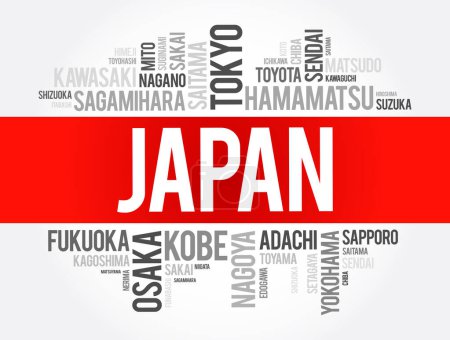 Téléchargez les illustrations : Liste des villes en Japon, mot cloud collage, concept de voyage background - en licence libre de droit