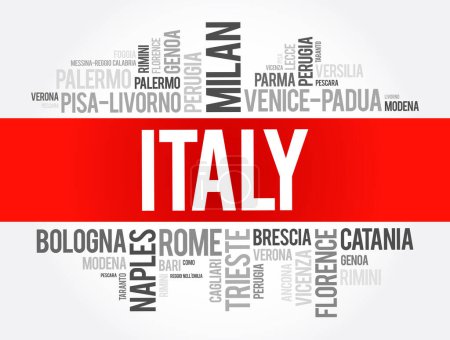 Téléchargez les illustrations : Liste des villes en Italie, mot cloud collage, concept de voyage background - en licence libre de droit