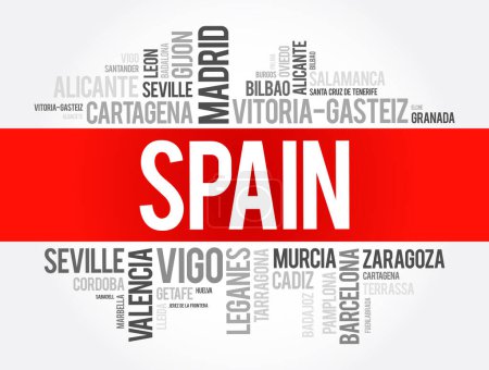 Ilustración de Lista de ciudades en España nube de palabras, municipios españoles, fondo concepto de negocios y viajes - Imagen libre de derechos