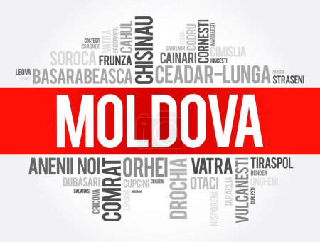 Illustration pour Liste des villes en Moldavie mot cloud collage, education and travel concept background - image libre de droit