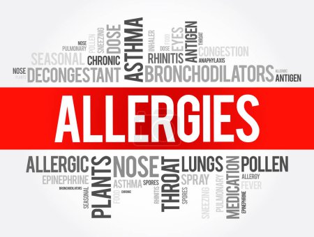 Téléchargez les illustrations : Allergies - surviennent lorsque votre système immunitaire réagit à une substance étrangère, concept nuage mot arrière-plan - en licence libre de droit