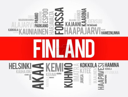 Liste der Städte und Gemeinden in Finnland, Word Cloud Collage, Geschäfts- und Reisekonzept Hintergrund