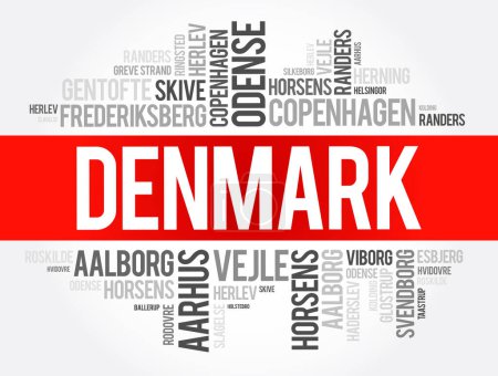 Téléchargez les illustrations : Liste des villes et villages en Danemark, word cloud collage, business and travel concept background - en licence libre de droit