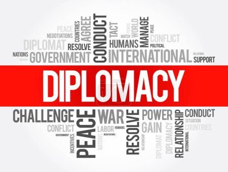 Ilustración de Diplomacia: la profesión, la actividad o la habilidad de gestionar las relaciones internacionales, típicamente por los representantes de un país en el extranjero, fondo del concepto de nube de palabras - Imagen libre de derechos