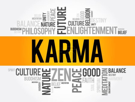 Téléchargez les illustrations : Karma est un concept d'action, de travail ou d'acte, et son effet ou ses conséquences, mot nuage concept arrière-plan - en licence libre de droit