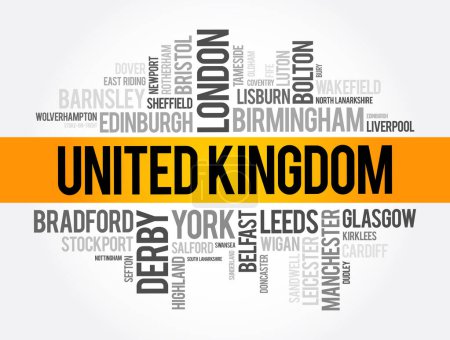 Téléchargez les illustrations : Liste des villes et villages du Royaume-Uni, word cloud collage, travel concept background - en licence libre de droit