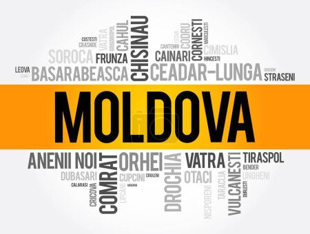 Téléchargez les illustrations : Liste des villes en Moldavie mot cloud collage, education and travel concept background - en licence libre de droit