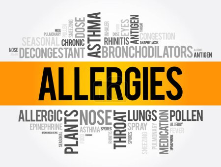 Téléchargez les illustrations : Allergies - surviennent lorsque votre système immunitaire réagit à une substance étrangère, concept nuage mot arrière-plan - en licence libre de droit