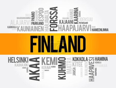 Ilustración de Lista de ciudades y pueblos en Finlandia, palabra nube collage, business and travel concept background - Imagen libre de derechos