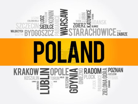 Illustration for List of cities and towns in Poland, word cloud collage, business and travel concept background - Royalty Free Image