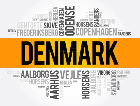 Ilustración de Lista de ciudades y pueblos en Dinamarca, palabra nube collage, business and travel concept background - Imagen libre de derechos