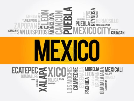 Ilustración de Lista de ciudades y pueblos en México, word cloud collage, business and travel concept background - Imagen libre de derechos