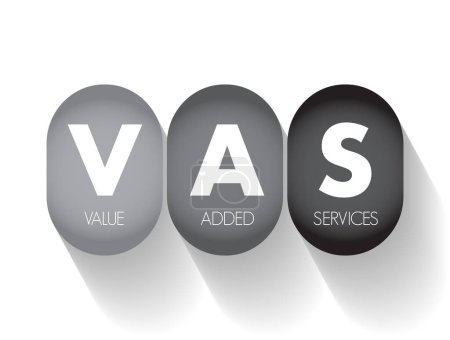 Ilustración de Servicios de valor añadido VAS - término popular de la industria de telecomunicaciones para servicios no básicos, más allá de las llamadas de voz estándar, acrónimo de fondo de concepto de texto - Imagen libre de derechos