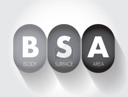 Ilustración de Área de superficie corporal BSA - área de superficie medida o calculada de un cuerpo humano, fondo de concepto de texto acrónimo - Imagen libre de derechos