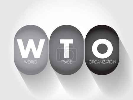 Téléchargez les illustrations : OMC Organisation mondiale du commerce - Organisation intergouvernementale qui réglemente et facilite le commerce international entre les nations, texte de l'acronyme contexte - en licence libre de droit
