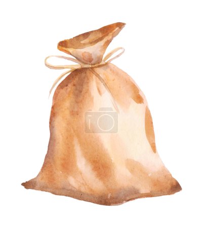 Téléchargez les photos : Aquarelle peinture de sac avec cordon brun, isolé sur fond blanc - en image libre de droit