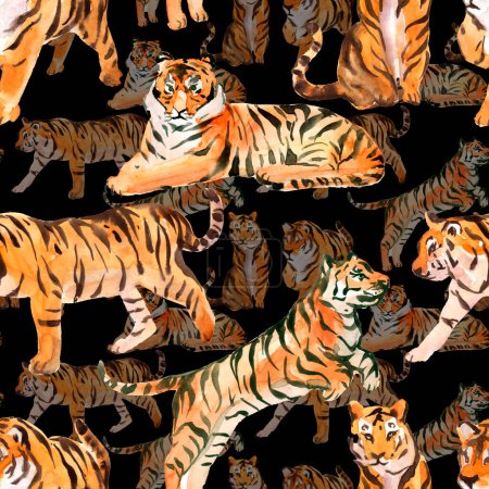 Tygrys płynny wzór na czarnym tle. Ilustracja akwarela rysunek akwarelowy styl.For używane projekt tapety, tkaniny lub papier pakowy.