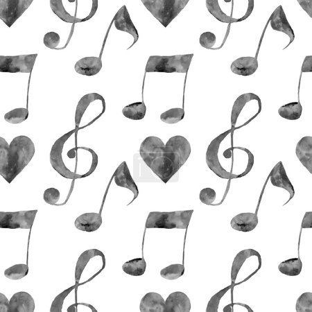 Téléchargez les photos : Aquarelle isolée notes de musique à l'encre noire et motifs de clés sur fond blanc - en image libre de droit
