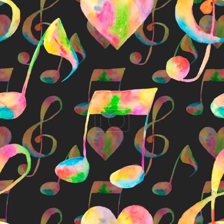 Photo for Bright watercolor neon music notes scattered on a black background. - Royalty Free Image