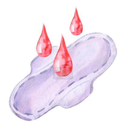 Foto de Almohadilla higiénica blanca con gotas simbólicas de sangre pintadas en acuarela sobre fondo blanco limpio - Imagen libre de derechos