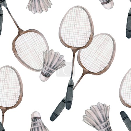 Photo for Badminton racquets and shuttlecocks. Seamless watercolor pattern with sport equipment. Hand-drawn original background. Real watercolor drawing. - Royalty Free Image