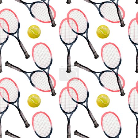 Téléchargez les photos : Modèle d'aquarelle sans couture de sport avec des icônes de tennis dans le style de conception plate. - en image libre de droit