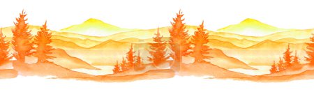 Foto de Seamless watercolor pattern. Autumn, summer landscape, forest, park. Silhouettes of trees and bushes. Yellow colors. Linear curb. - Imagen libre de derechos