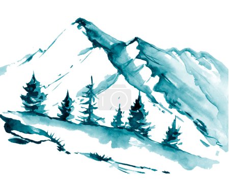 Téléchargez les photos : Montagnes bleu lointain dessinées à la main avec de l'encre. Peinture à l'encre orientale traditionnelle sumi-e, u-sin, go-hua. Hiéroglyphe - éternité - en image libre de droit