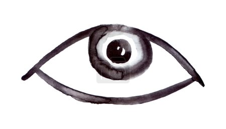 Pinselstrich Auge. Schwarze Tinte Vision-Ikone, handgezeichnetes Grunge-Augenarztsymbol, Zeichen für grobe Pinselstriche, Aquarell-Illustration mit offenem Auge