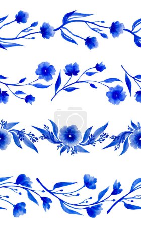 Photo for Ditsy liberty style seamless patterns. Set of summer daisy flowers in white and blue. Simple watercolor modern drawing. Floral texture collection for textile and fashion design. Spring botanical print. - Royalty Free Image