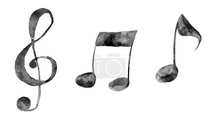 Aquarelle collection de symboles musicaux : clef et notes de musique. Peinture grungy aquarelle noire dessinée à la main sur fond blanc, découpez des éléments de clip art pour la décoration de conception créative.