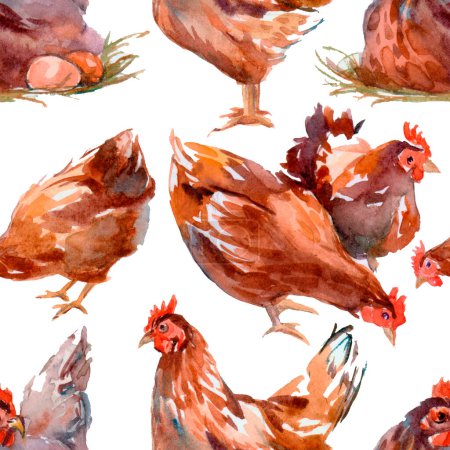 Photo for Hand drawn seamless pattern in watercolor. Chickens, baby chick illustrations. Rural natural bird farming. - Royalty Free Image