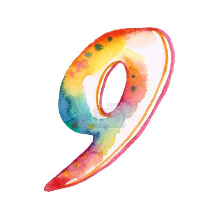 A colorful rainbow watercolor number 9 on a white background
