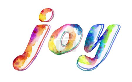 A vibrant, cheerful hand-painted watercolor inscription "joy" in colorful letters on a white background