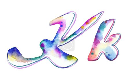 Colorful rainbow watercolor large and small letters "K" and "k" against a white background, creating a vibrant and playful composition