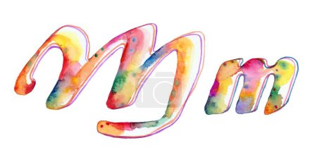 The image displays large and small watercolor letters "M" and "m" on a white background, painted in a vibrant rainbow spectrum