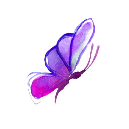 Eine lebendige Aquarell-Illustration eines eleganten abstrakten lila-rosa Schmetterlings schwebt anmutig auf einem makellosen weißen Hintergrund und strahlt Schönheit und Raffinesse mit seinen zarten Details aus.