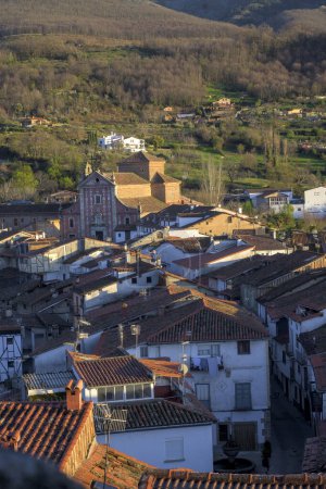 Panoramic view of Hervas from the church to the convent, roofs and mountain vertically