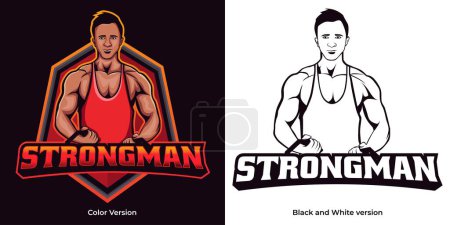 Téléchargez les illustrations : Modèle de logo de mascotte Strongman. parfait pour le logo de l'équipe, marchandises, vêtements, etc. - en licence libre de droit