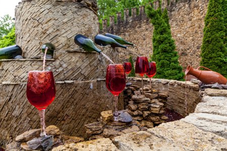 Fountain with red wine pouring from bottles into glasses