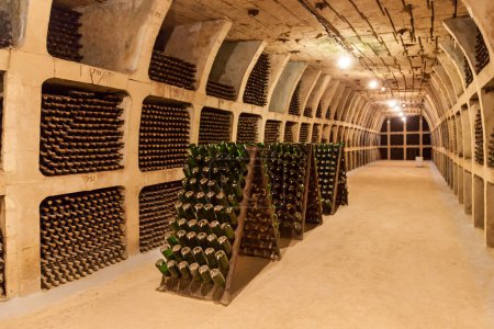 Photo for Old wine cellar with stacks of old wine bottles.Old wine bottles are stacked in rows in the cellars of the winery - Royalty Free Image