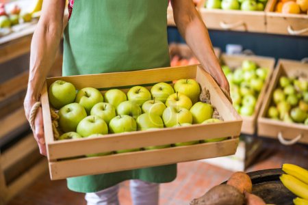 Photo for Worker in fruits and vegetables shop is basket with apples. - Royalty Free Image