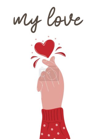 Mein Liebestext. Valentinstag Poster oder Grußkarte mit menschlicher Hand machen Herzzeichen