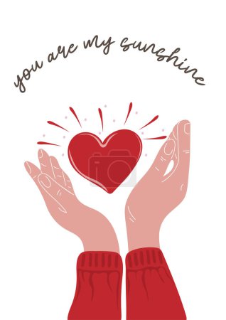 Ilustración de Eres mi sol. Cartel de San Valentín o tarjeta de felicitación con las manos humanas sosteniendo el corazón - Imagen libre de derechos
