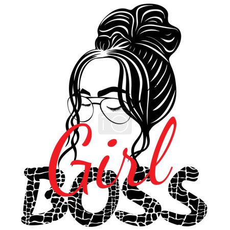 Illustration for Girl boss. Beautiful girl with messy bun hairstyle sketch and glasses - Royalty Free Image