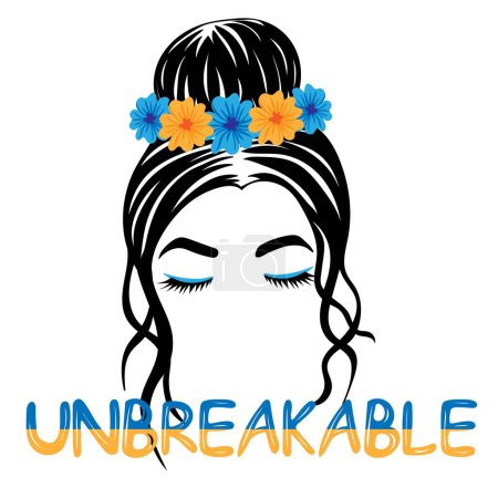 Illustration for Unbreakable. Silhouette of a girl face with messy bun and wreath of yellow and blue flowers - Royalty Free Image