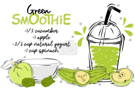 Téléchargez les illustrations : Recette de smoothie vert avec illustration des ingrédients. Affiche Alimentation saine - en licence libre de droit