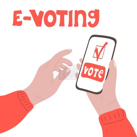 Illustration for E-voting. Human hands holding  smartphone with vote button - Royalty Free Image